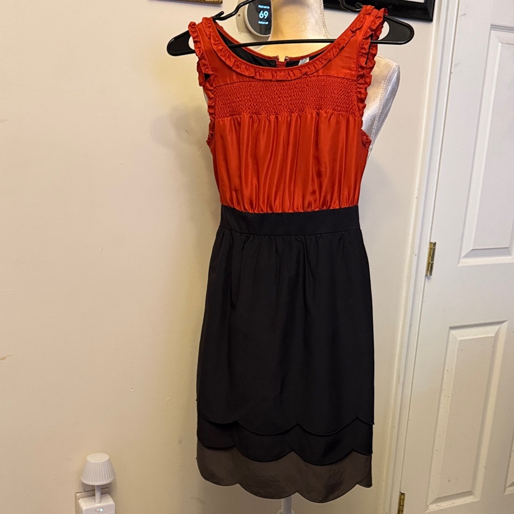 Maeve Burnt Orange & Black Ruffle Smocked-Waist Midi Dress